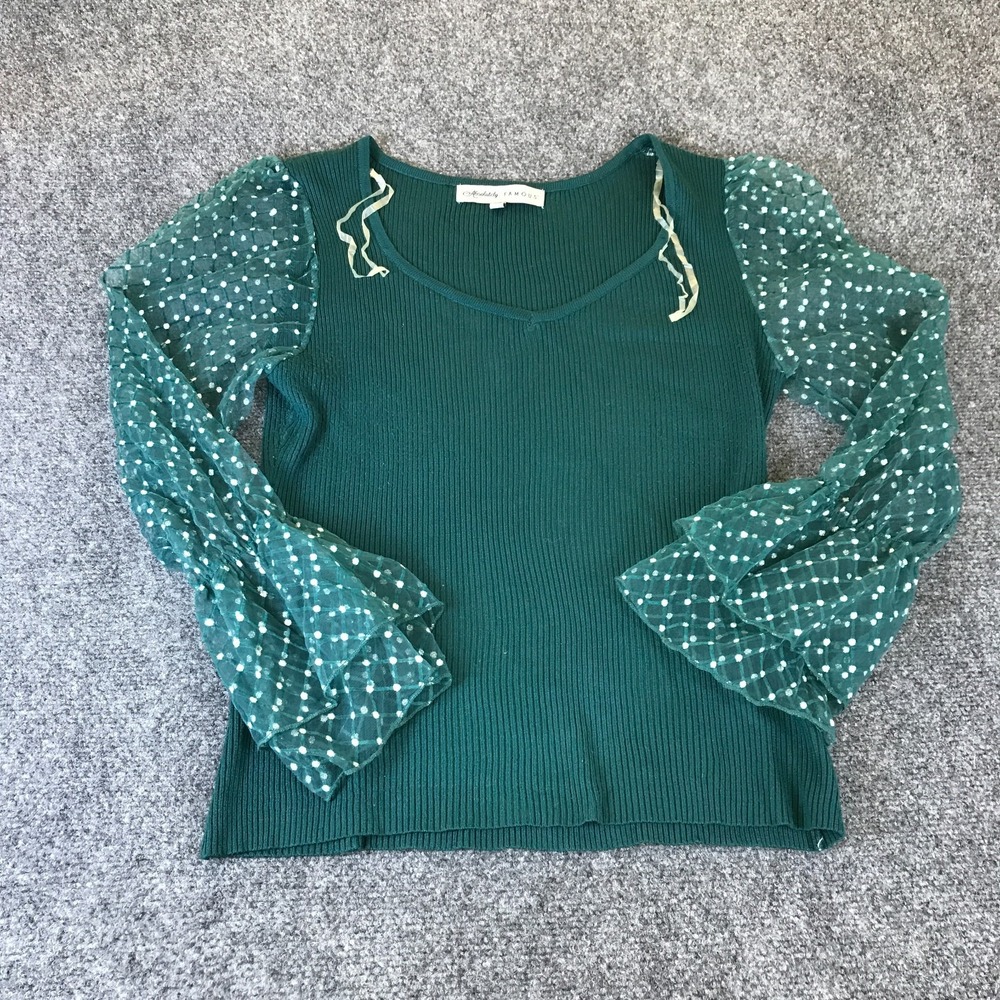 Absolutely Famous Sweater Women M Green Polka Dot Sheer Long Sleeve V Neck READ